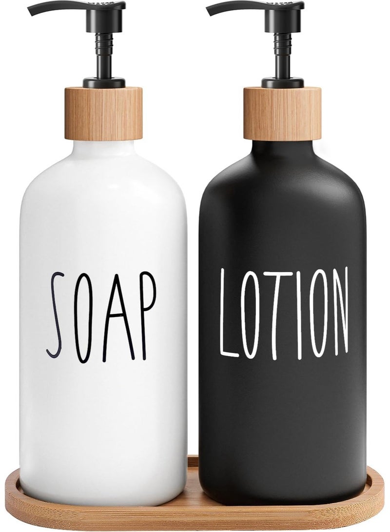 طقم موزعات صابون ولوسيون بقاعدة خشب – لون أبيض وأسود - Image 1